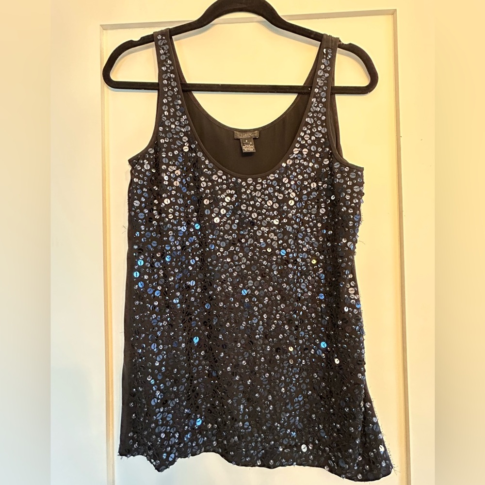 Sequin Embellished Black Silk Tank Top